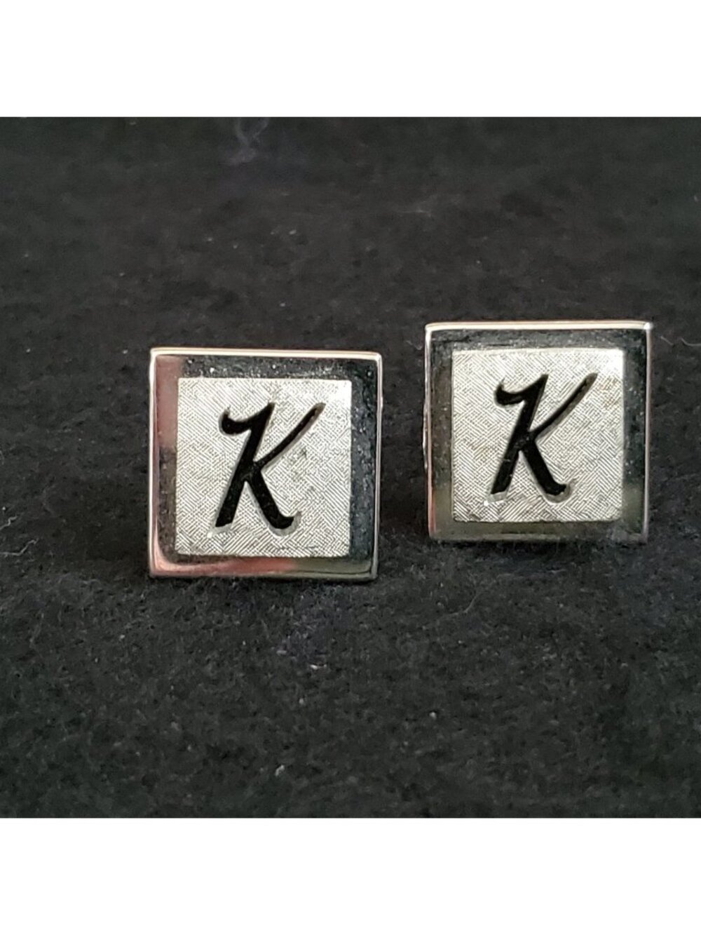 Vintage Swank Initial Letter K Cufflinks Monogram Silver Tone Square 3/4"